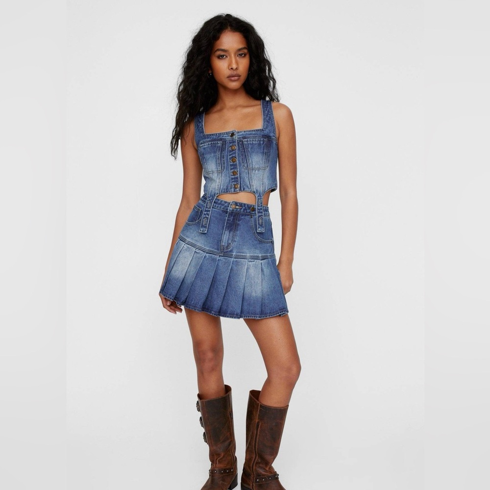 Corset Denim Pleated Skirt set